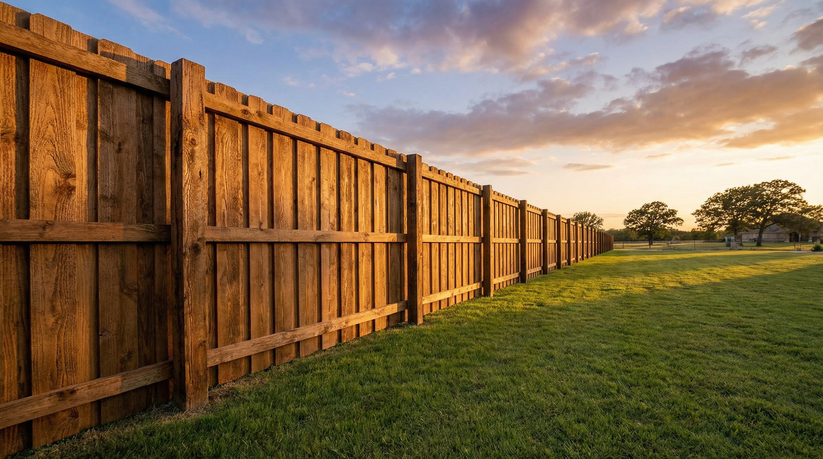 Cedar fence installation at golden hour